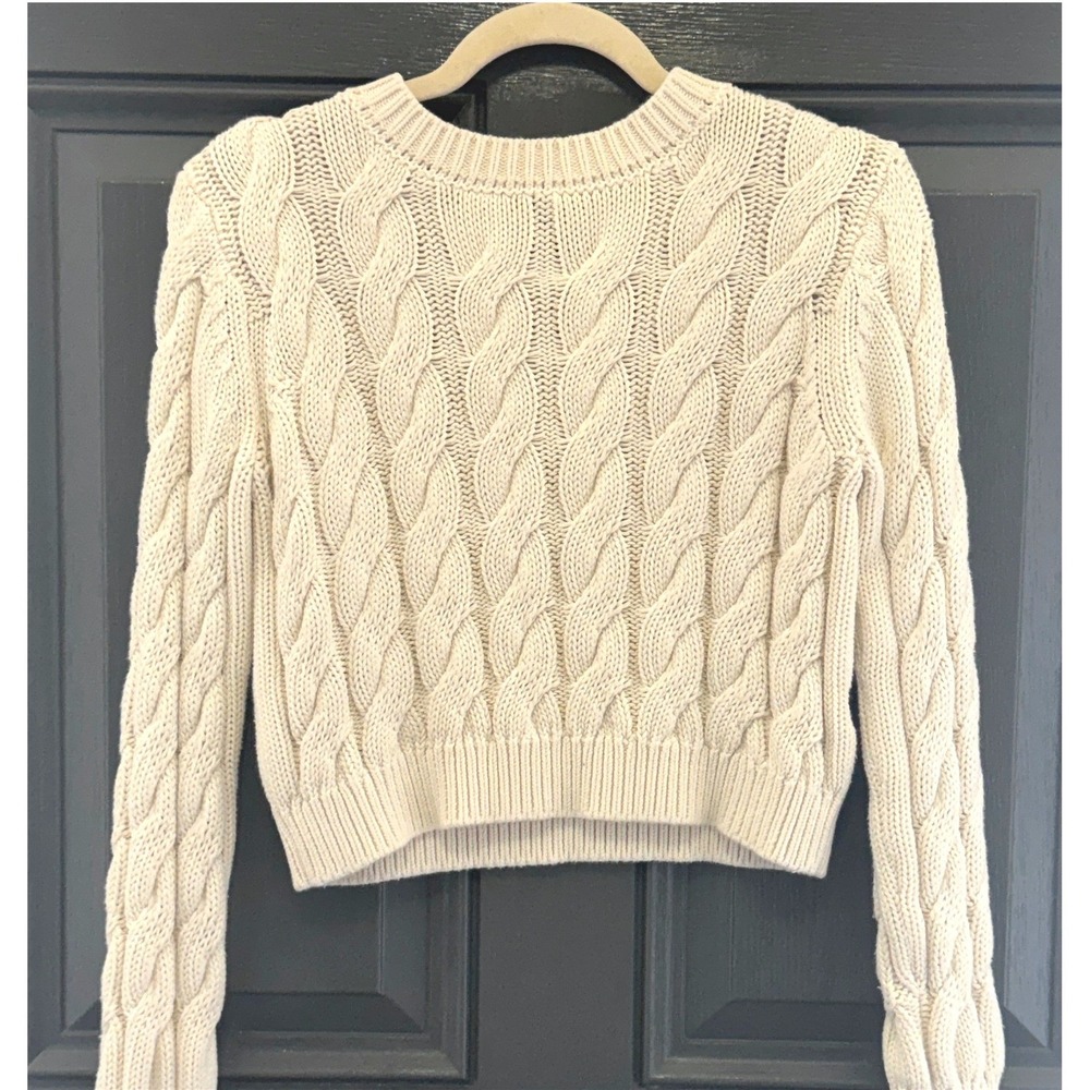 Classic Crewneck 100% Cotton Cable Knit Sweater XS Cream Cropped Coquette